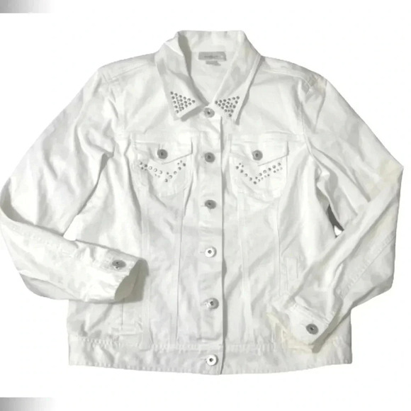 DRESS BARN WHITE DENIM JEAN JACKET LING SLEEVE STUDDED LONG SLEEVE SIZE LARGE - Picture 2 of 9